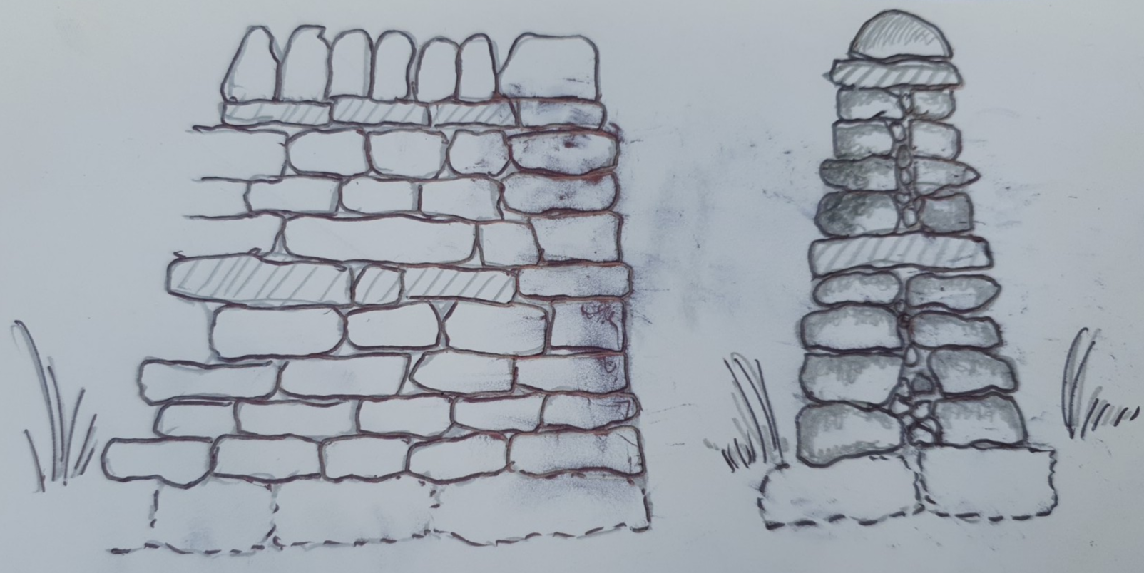 drawing of double dyke dry stone wall